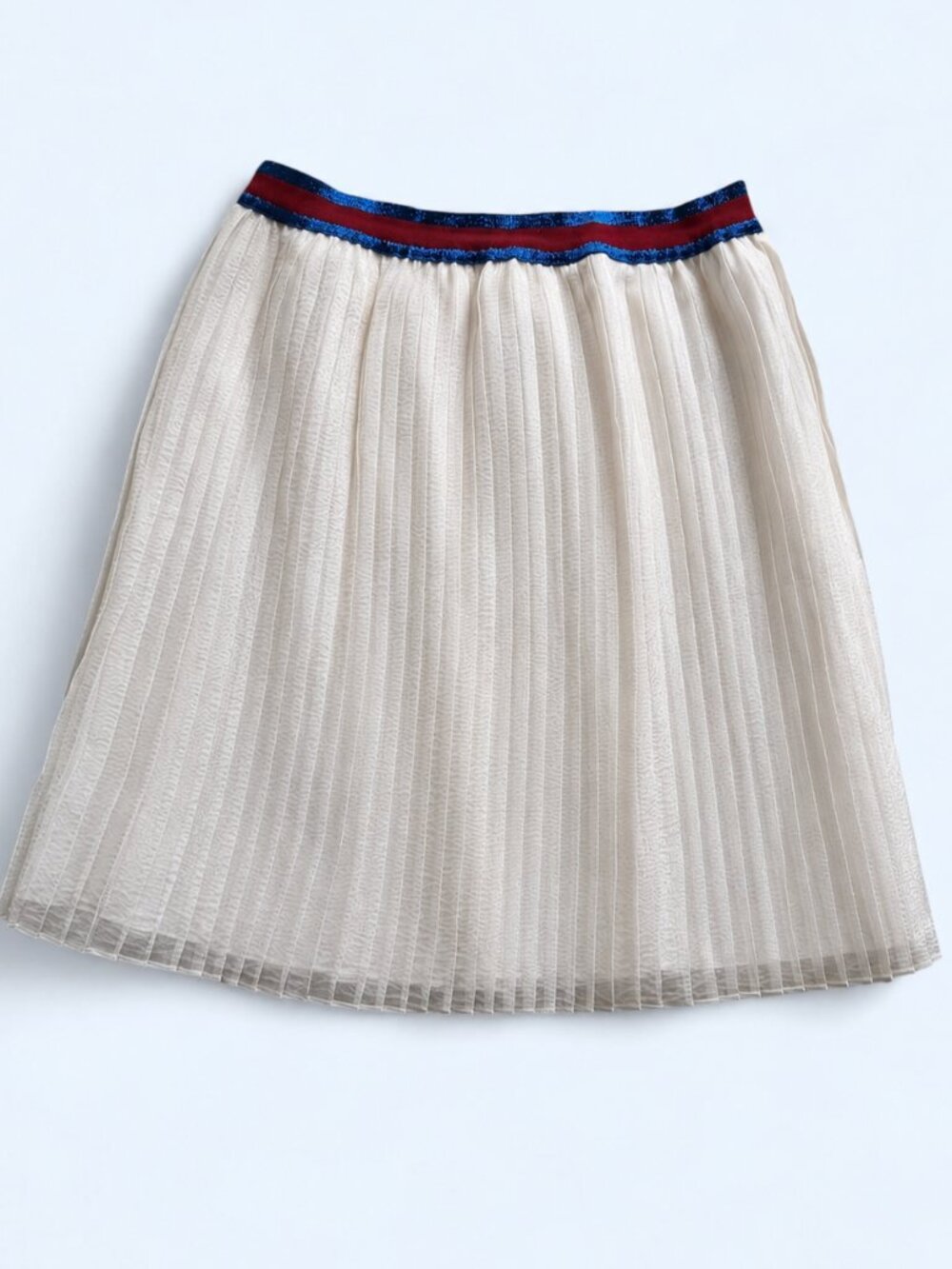 Gucci Alessandro Michele-era white iridescent pleated skirt with red & blue stri